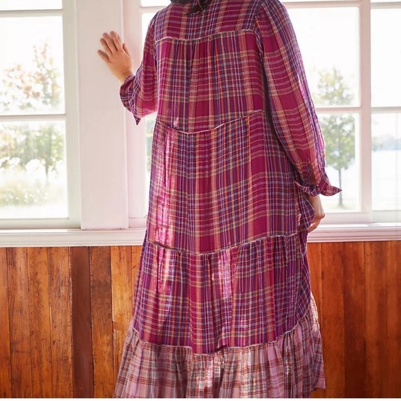 Anthropology Boho Plaid tiered Maxi Dress Can fit upto Large NWT - Picture 5 of 9